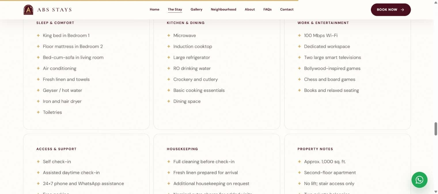 The stay page — grouped apartment amenities
