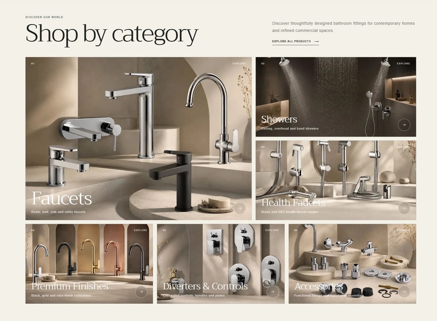 Product categories — faucets, showers and accessories