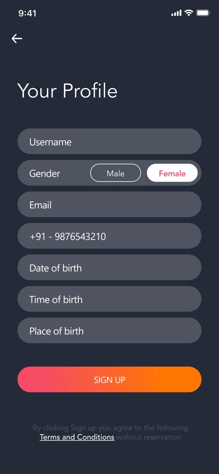 Birth details and account registration — original design