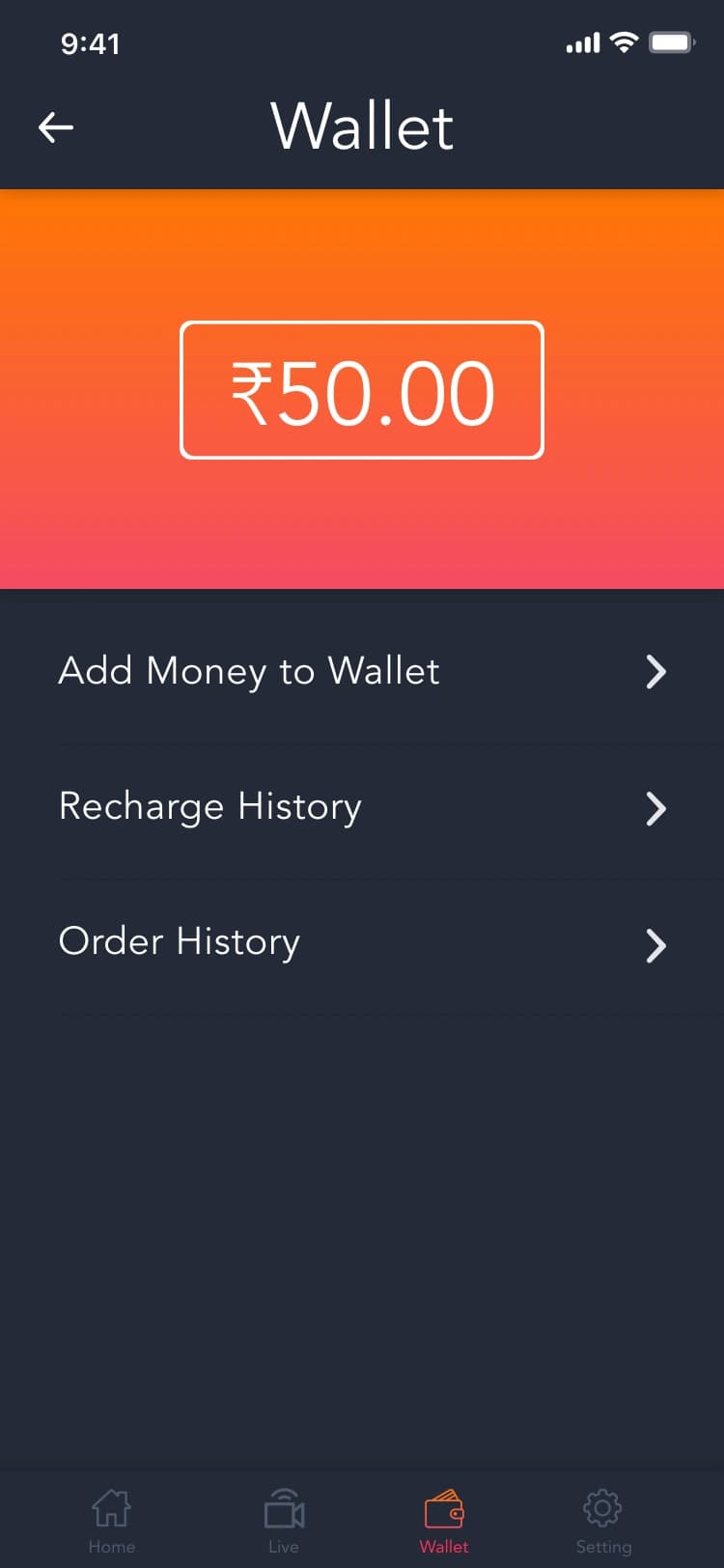 Wallet balance and history entry points — original design