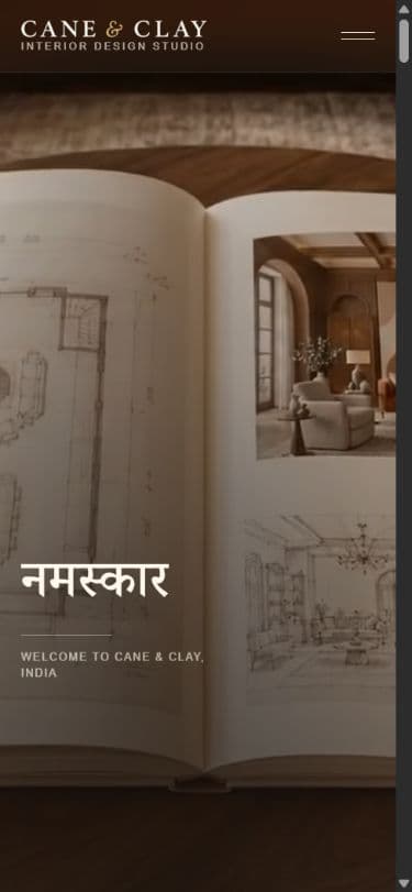 The actual mobile homepage with a compact menu, full-height design book and Hindi welcome.