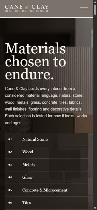 Mobile materials page with a stacked heading, introduction and readable list of materials.
