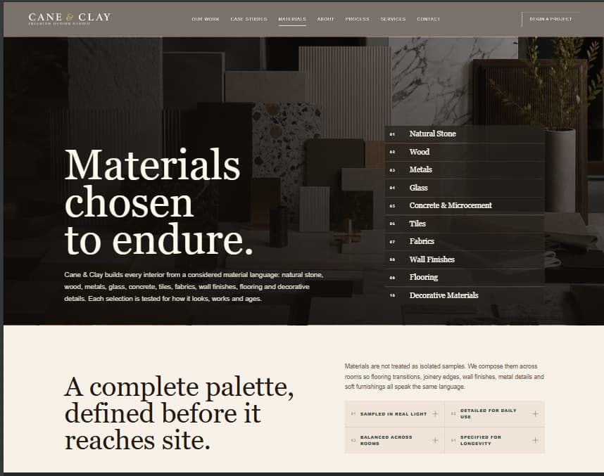 Cane & Clay materials page showing the material categories and the complete-palette section below, without the browser scrollbar.