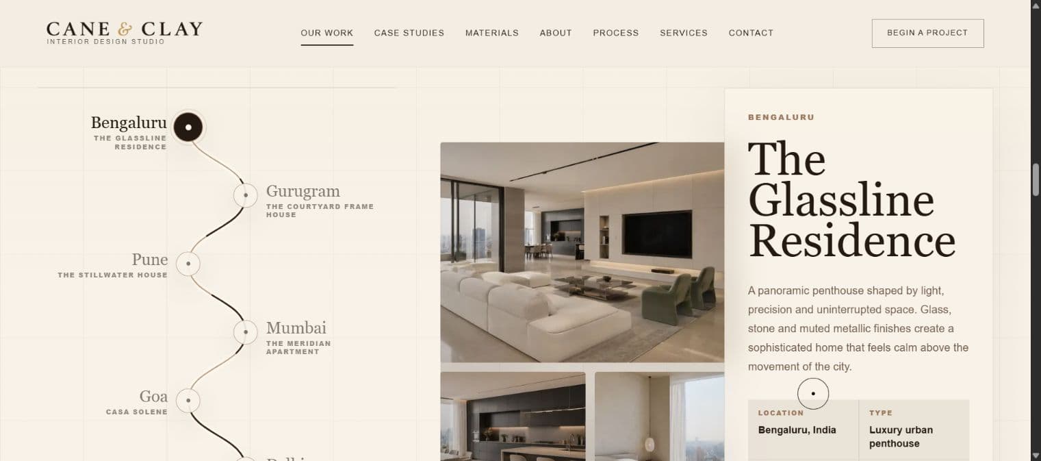 The Glassline Residence interior and project description beside an illustrated route through the studio’s projects.