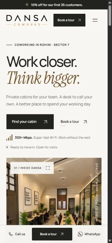 Dansa Coworks — mobile homepage with cabin and tour actions