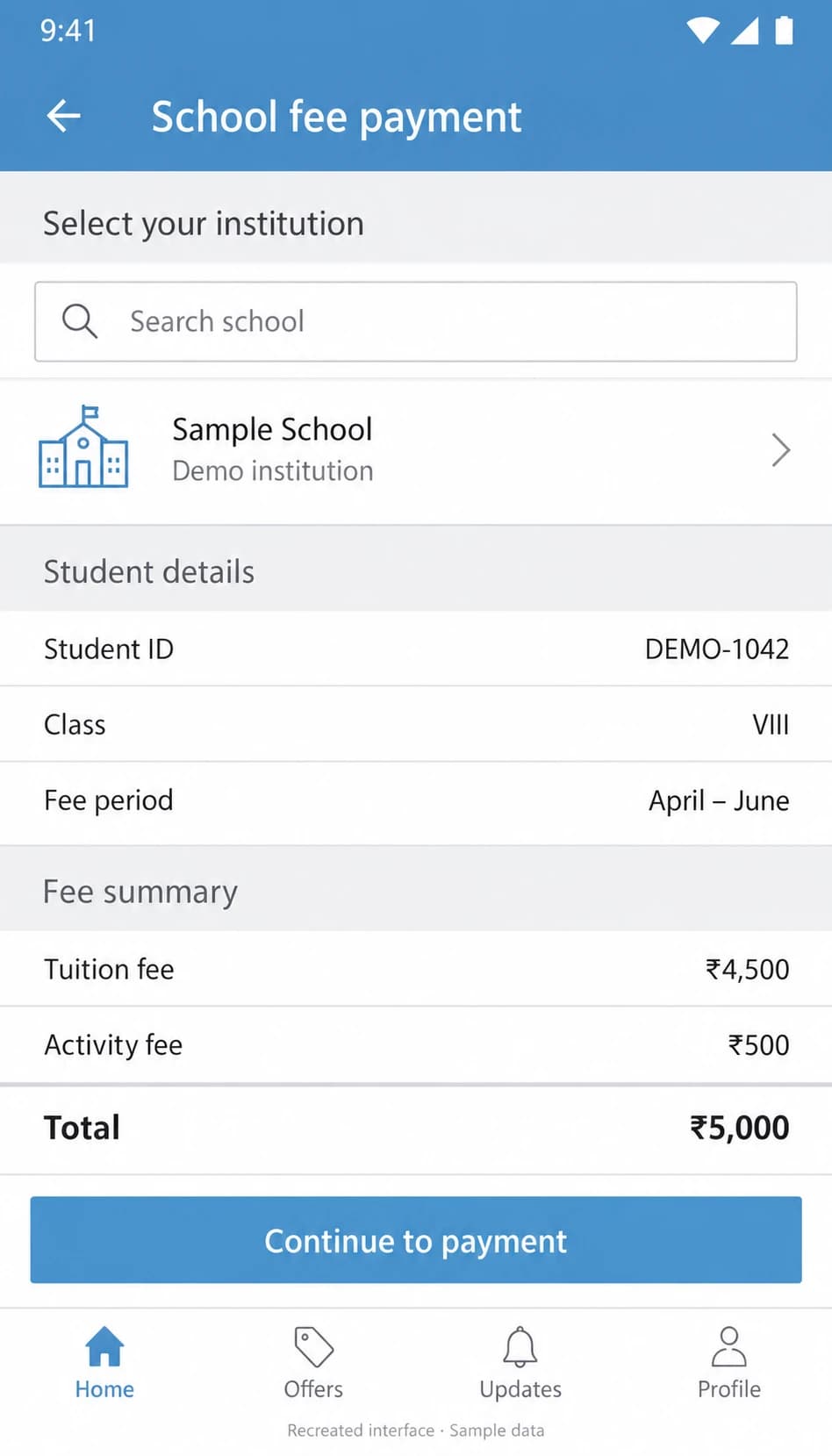 School fee selection and summary — recreated interface with sample data