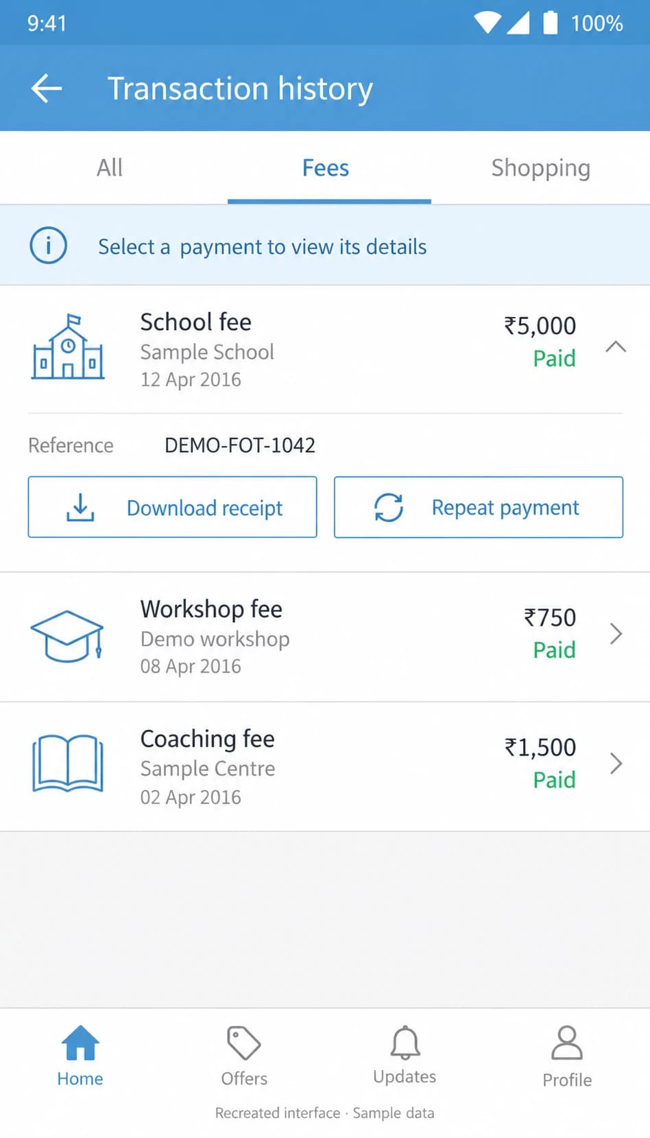 Fee payment history and receipt actions — recreated interface with sample data