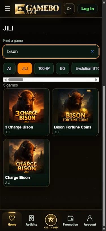 Gamebo365 — mobile search results with JILI selected