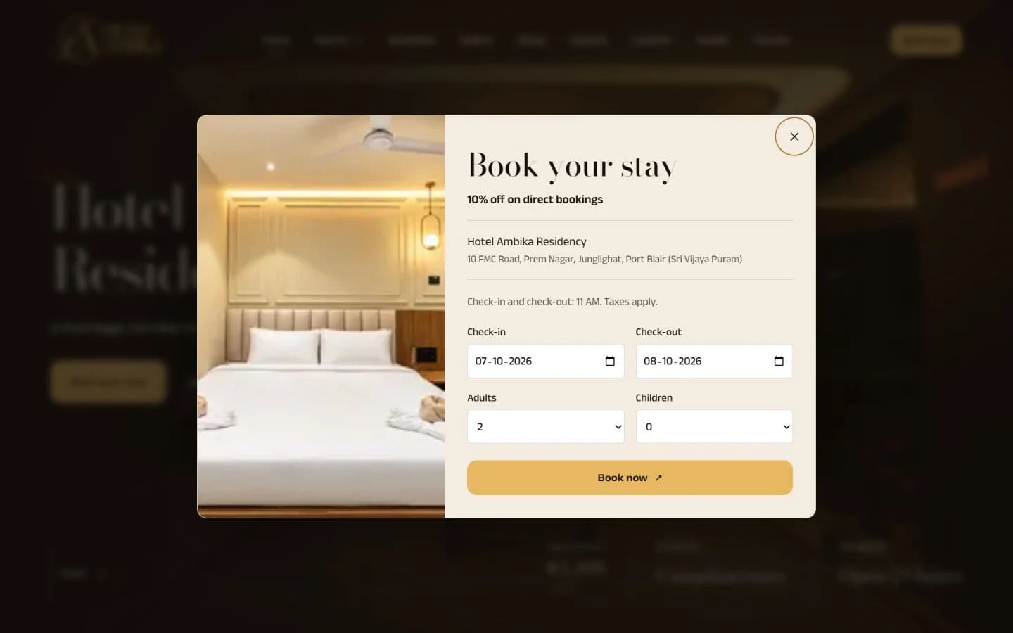 Ambika — booking dialog with date and guest controls