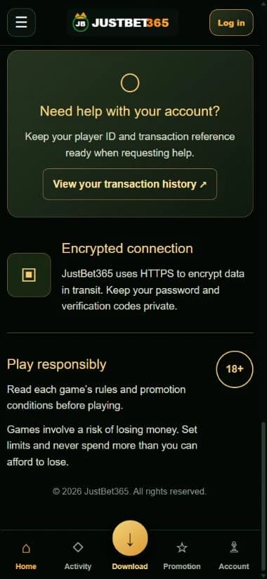 Justbet365 — mobile account support and responsible-play information