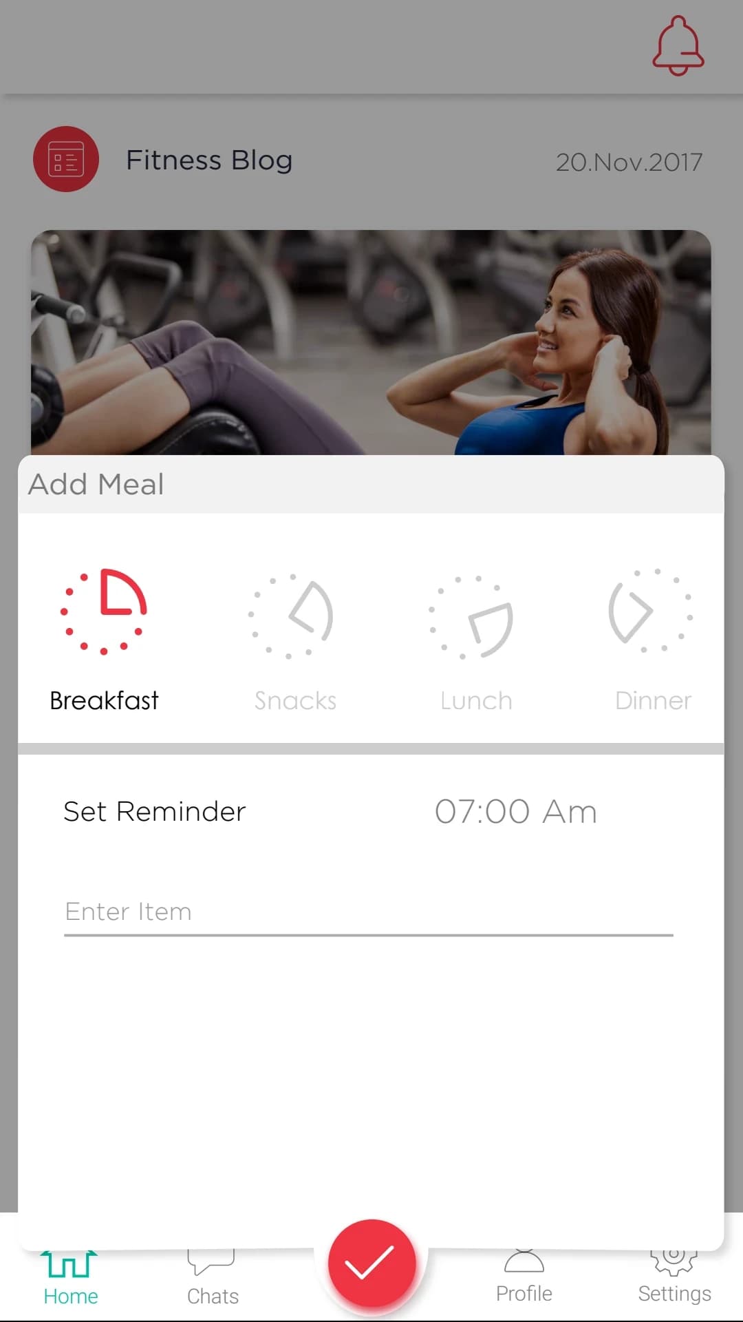 Meal entry and reminder — original interface design