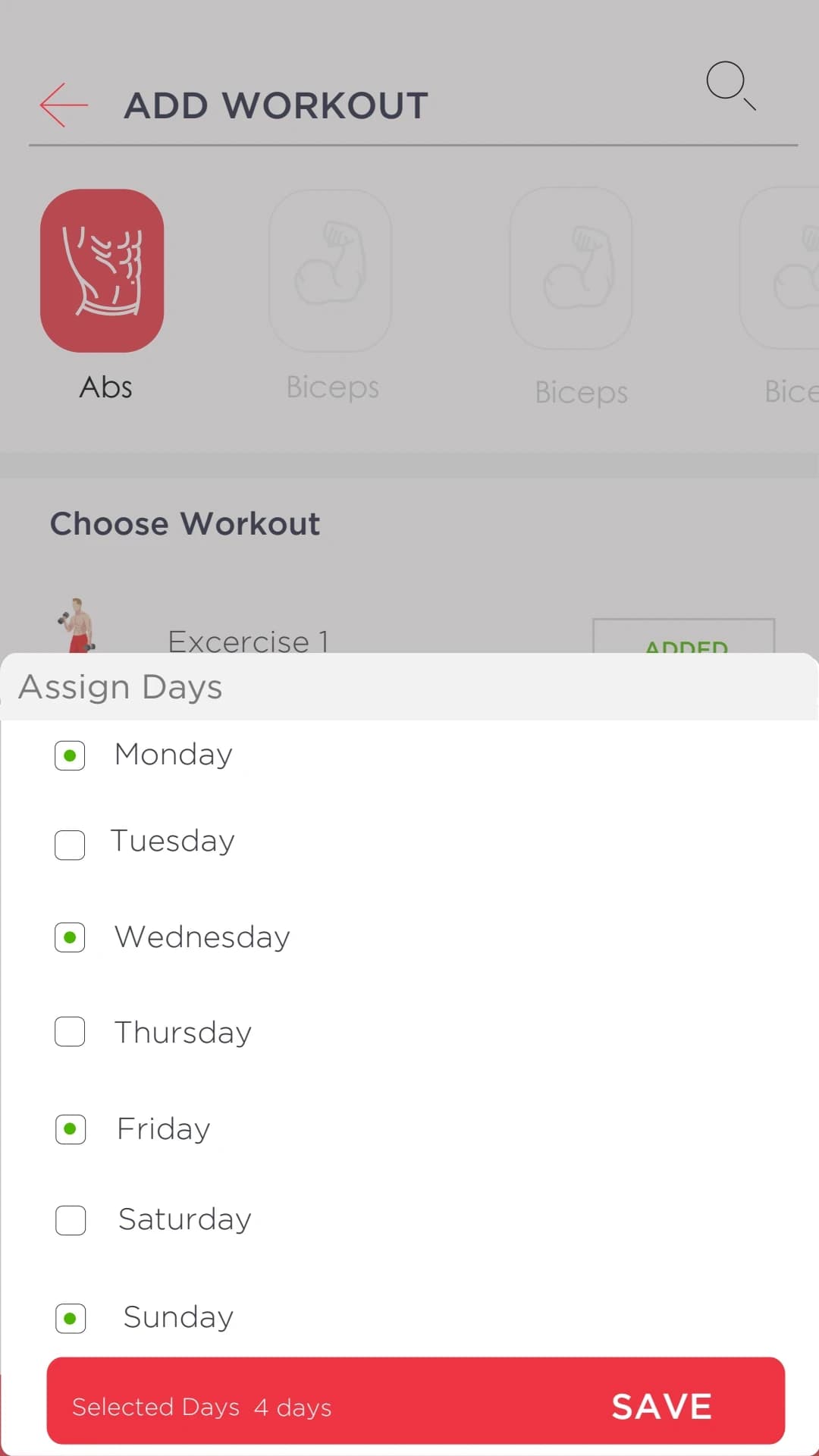 Workout day selection — original interface design