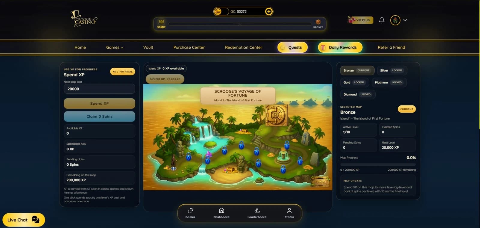 Scrooge — island map and progression controls
