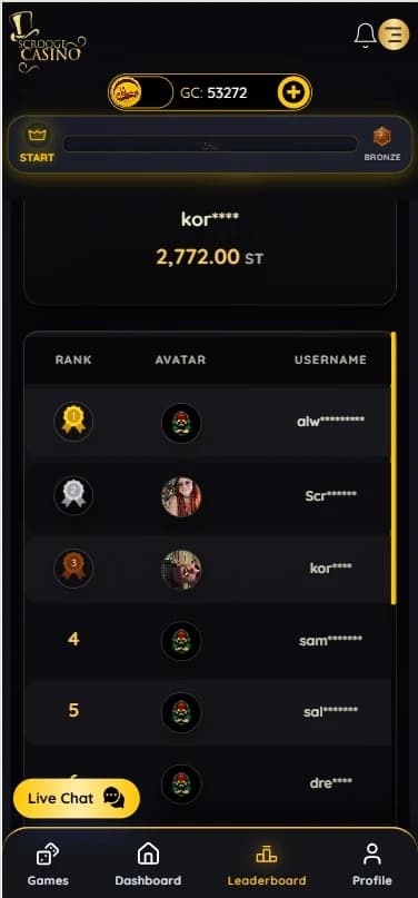 Player rankings with masked usernames