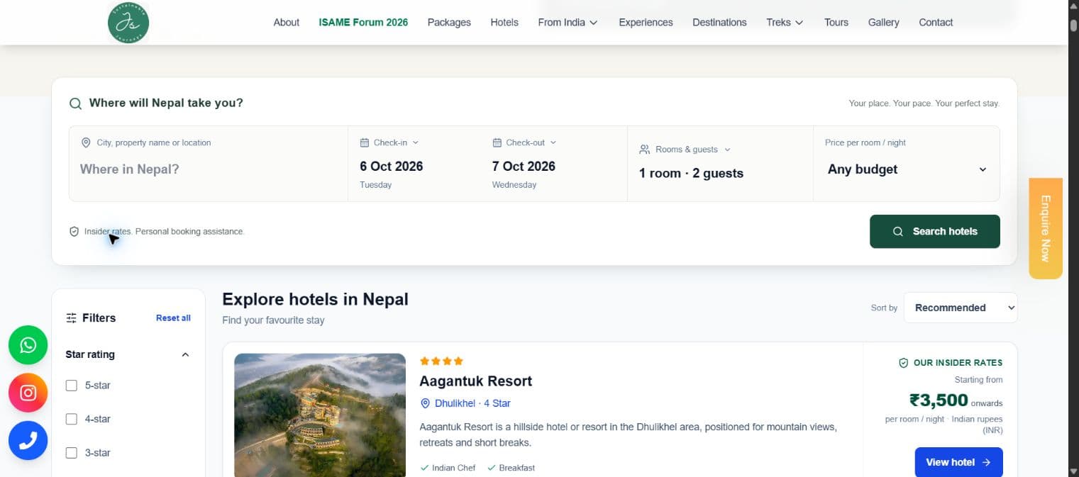Hotel search — stay inputs, filters and results