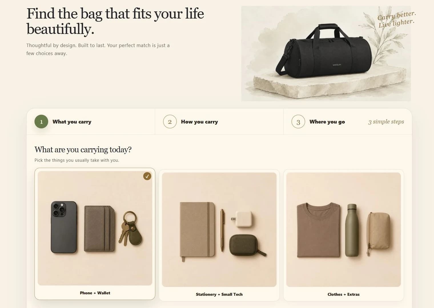 Theme preview — the bag finder's first step