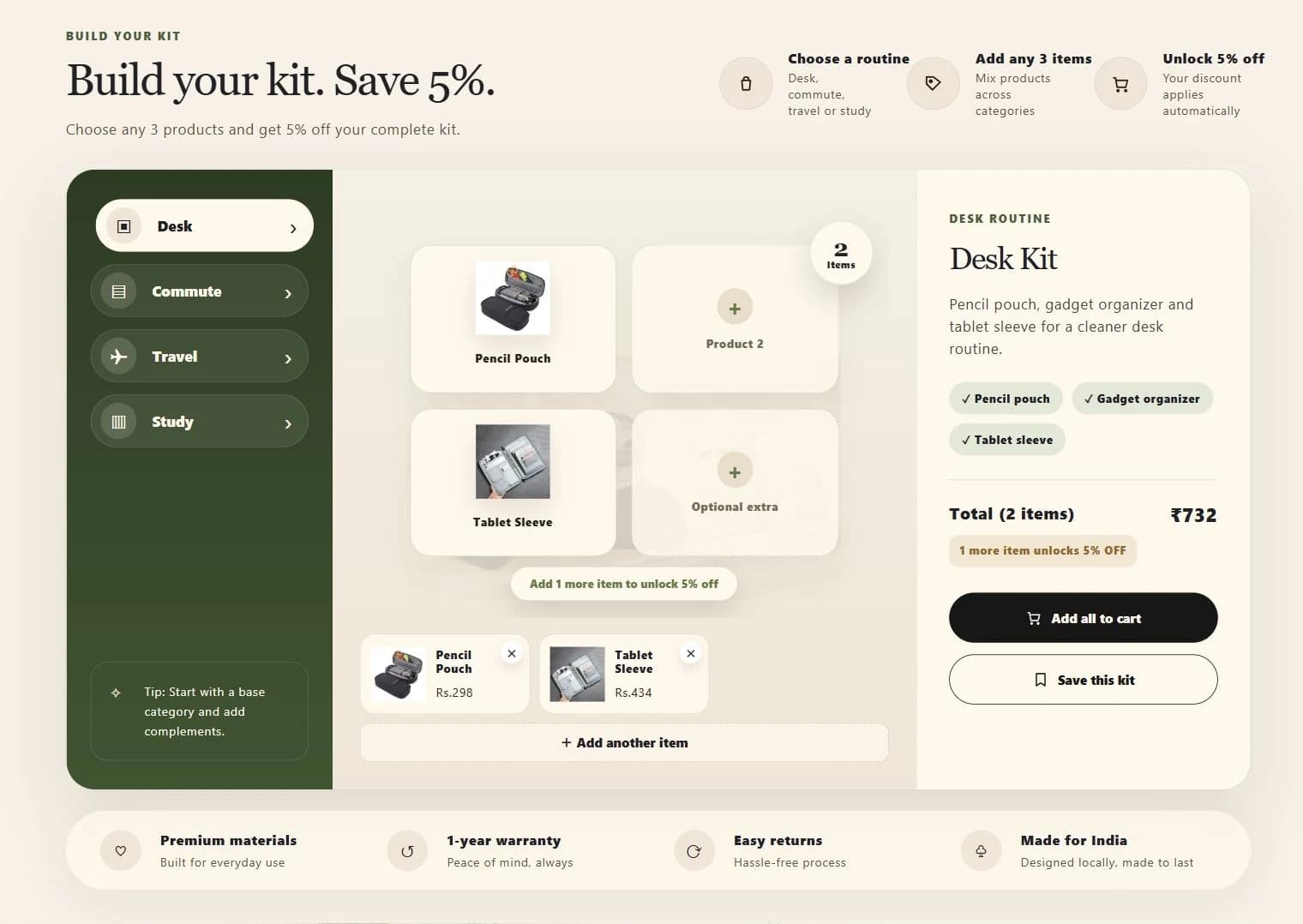 Theme preview — the desk kit builder