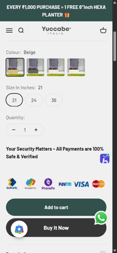 Mobile product page — colour, size, quantity and purchase controls
