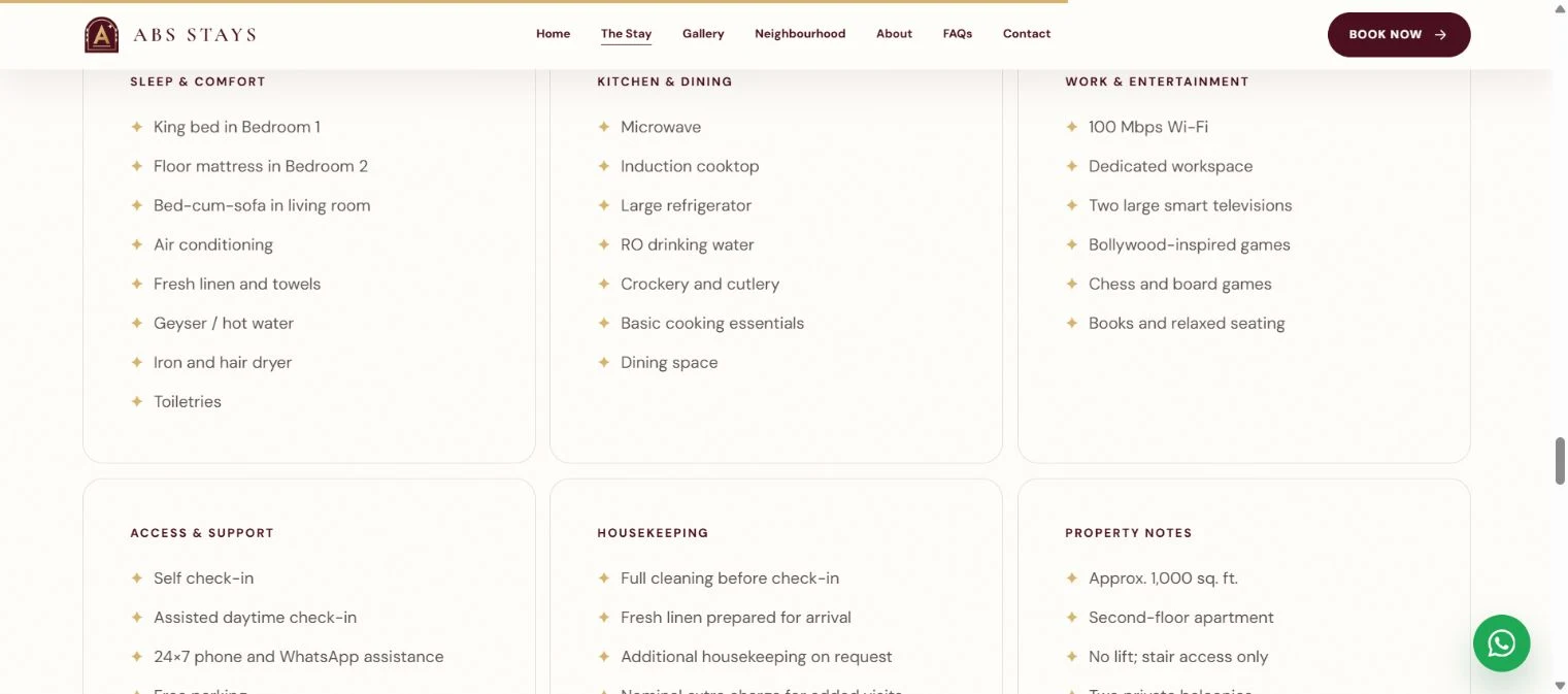 The stay page — grouped apartment amenities