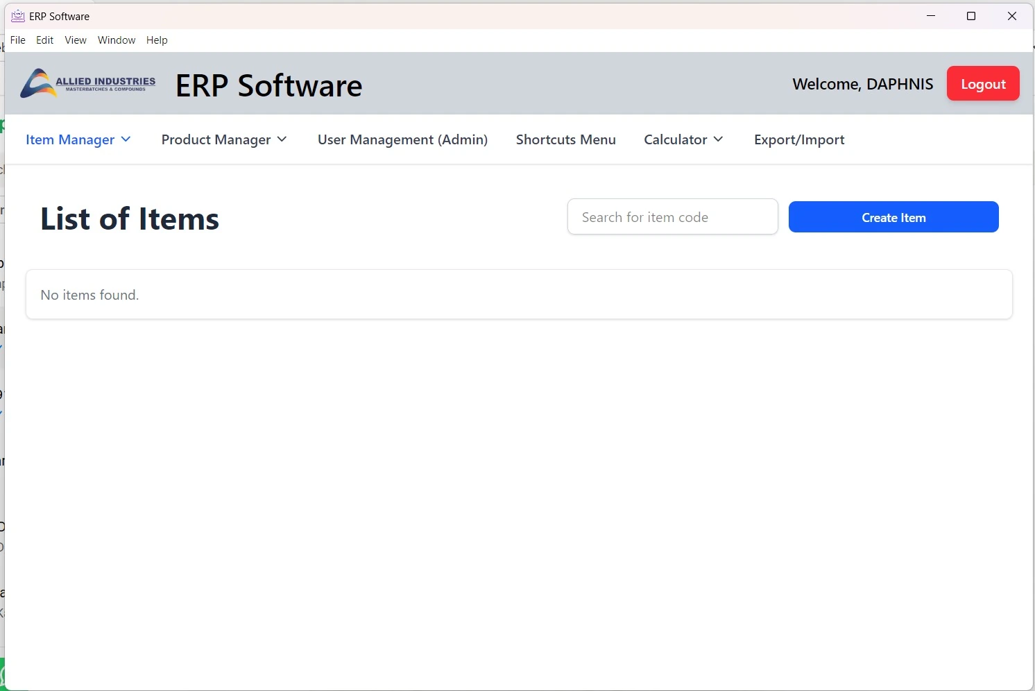 Allied ERP — item manager in its empty state