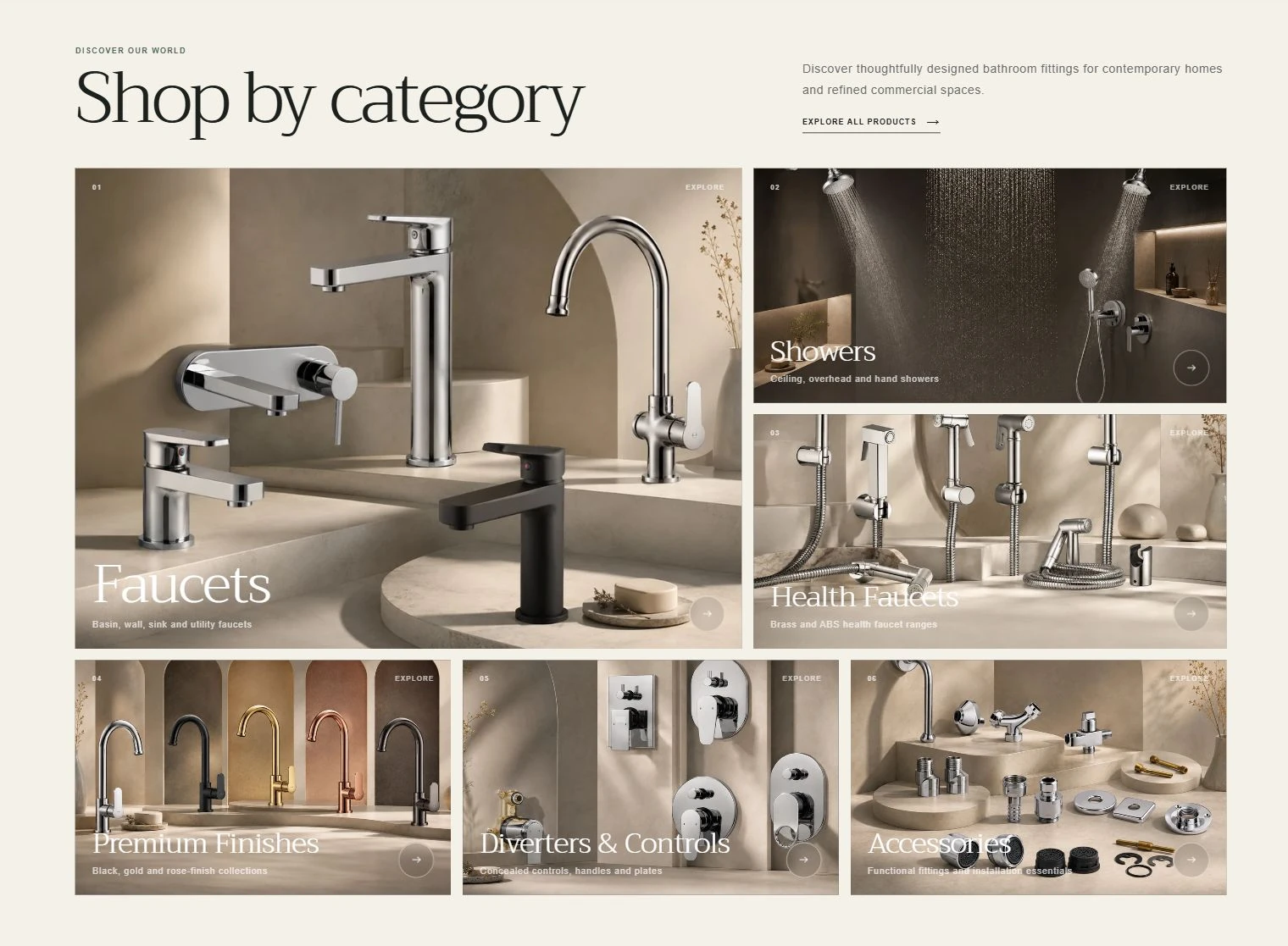 Product categories — faucets, showers and accessories