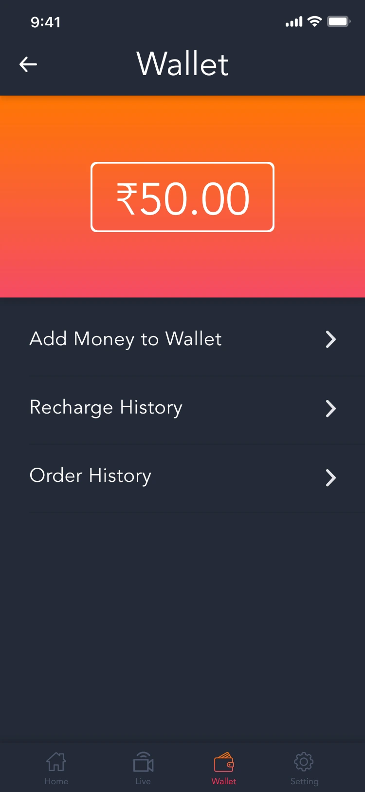 Wallet balance and history entry points — original design