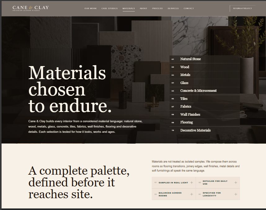 Cane & Clay materials page showing the material categories and the complete-palette section below, without the browser scrollbar.