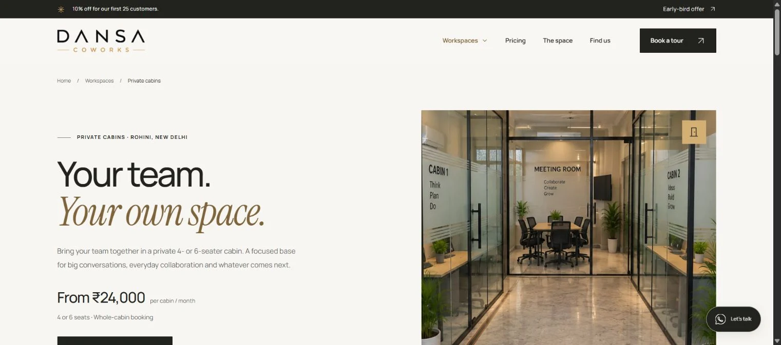 Private cabins — the live workspace page