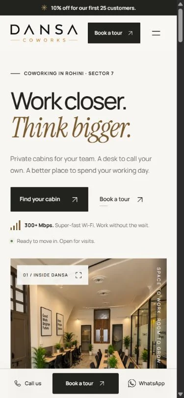 Dansa Coworks — mobile homepage with cabin and tour actions