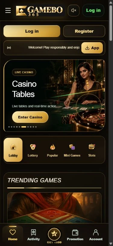 Gamebo365 — mobile homepage and category navigation