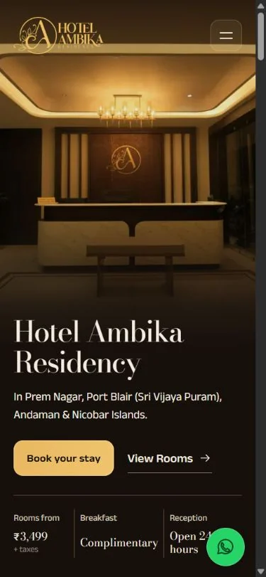 Ambika Residency — mobile homepage and booking actions