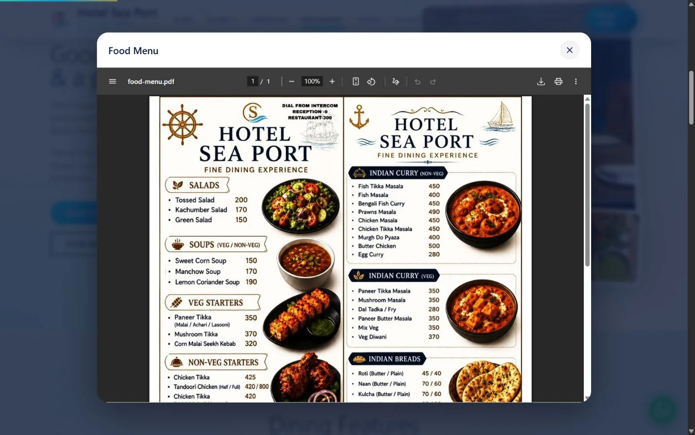 Restaurant — food menu open in the PDF viewer