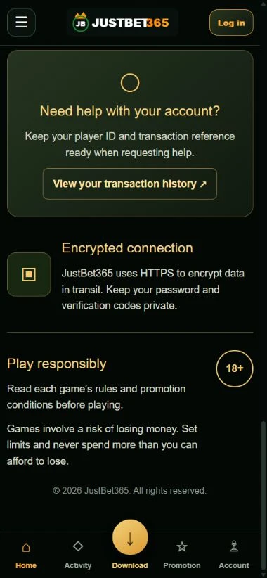 Justbet365 — mobile account support and responsible-play information