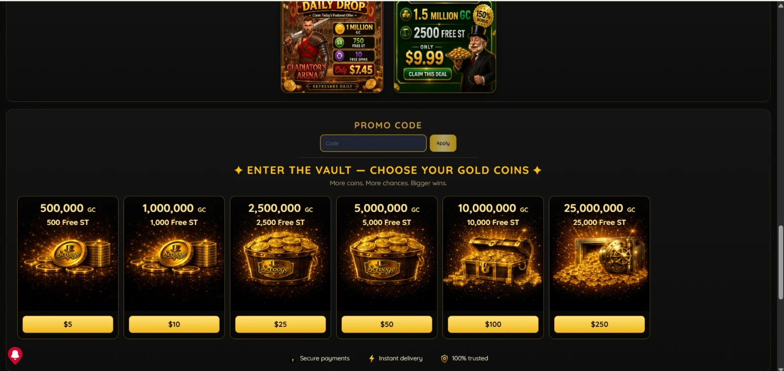 Scrooge — package selection and promo code