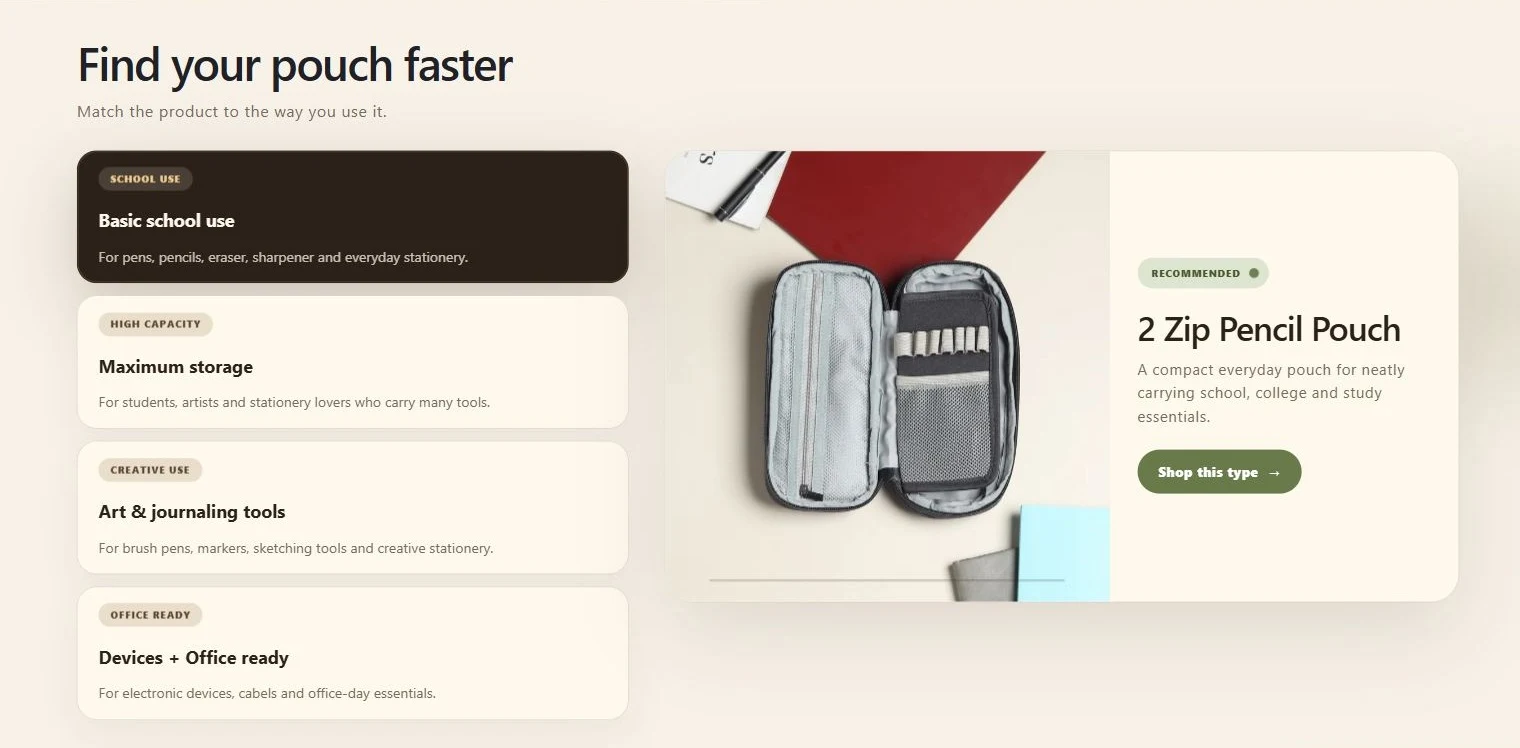 Theme preview — choosing a pouch by use